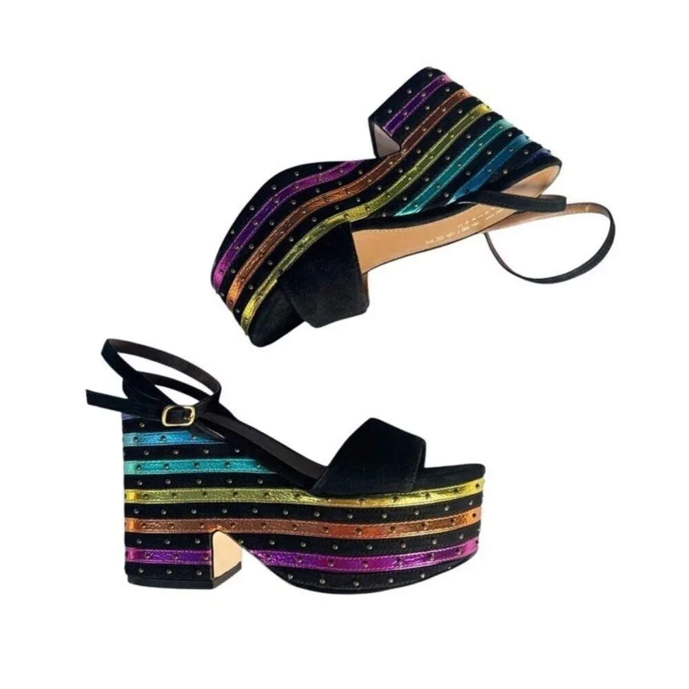 Kurt Geiger Women's Sz 35  Shoreditch Platform Wedge Sandals Rainbow Stripe Lthr